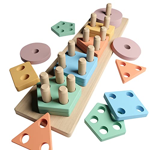 Image of Symdiro Montessori Toys for 18+ Months Old Boys Girls-Wooden Sorting & Stacking Toys for Baby Toddlers,Educational Shape Color Sorter Preschool Kids Gifts…