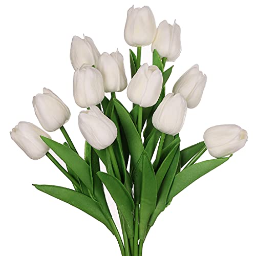 huaao 12pcs Flores Tulipanes Artificiales en látex, Plantas Artificiales Falsos Tacto Realista arreglos Florales decoración para hogar, casa, Oficina, Sala, Banquete Boda Nupcial, Fiestas (Blanco)