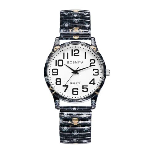 Oidea Elastic Watches for Women Men: Halloween Skeleton Skull Decoration Easy Reader Analog Quartz Stretch Band Watch Stainless Steel Expansion Band Wristwatch