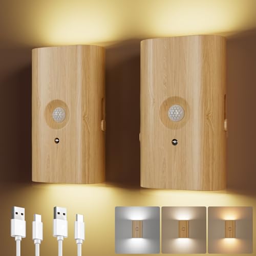 Electight Lot de 2 appliques murales LED grain de bois, lampes murales à piles avec détecteur de mouvement, applique murale magnétique, 3 couleurs à...