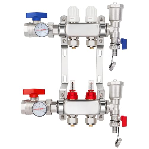 YUFUYEK 2-Branch PEX/Radiant Heat Manifold，1/2" PEX Tubing Manifold,304 Stainless Steel Floor Heat Manifold Kit with 1/2" Adapters Included for Hydronic Radiant Floor Heating (2-Loop)
