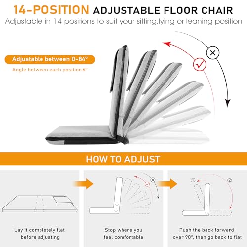 Image of FASTMOMENT Floor Chair with Water Repellent Fabric 14-Position Adjustable Floor Chair with Back Support Portable Ground Seating for Adults Foldable Meditation Seat with Washable Cover (Light Grey)