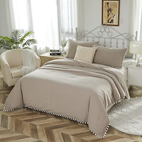 Softta Luxury Boho Twin Size 3Pcs Duvet Cover Set Pompom Lightweight Aesthetic for Girls Bedding Set Dark Khaki Pom-Fringe Pompom 100% Washed Cotton Quilt Cover Bedding Set - Thumbnail 2