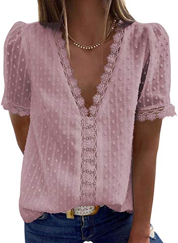 FARYSAYS Women's V Neck Short Sleeve Light Pink Lace Shirts Pull On Blouses Summer Casual Loose Fit Tunic Tops for Junior Teen Girls Small
