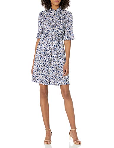 Rebecca Taylor Women's Long Sleeve Floral Print Short Dress with Adjustable Tie Waist, Snow Combo, 4
