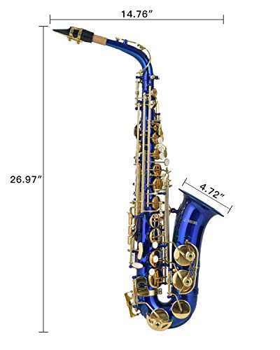 LAGRIMA Bb Alto Saxophone, Brass Body Mother-of-pearl Buttons, Carrying Case, Reed, Mouthpiece, Throat Pad, Neck Strap, Gloves and Cleaning Cloth (Blue)