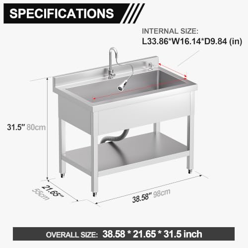 Image of 39 inch Stainless Steel Utility Sink, Deep Single Bowl Laundry Sink | Freestanding Garage Sink with Hot and Cold Water Supply for Laundry Room, Workshop, Farmhouse, Basement and Utility Use