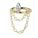 Pierced Owl 16GA ASTM F-136 Implant Grade Titanium Outward Facing CZ Crystal Marquise with Double Dangling Chain Hinged Segment Clicker Ring (Gold Tone, 8mm Diameter)