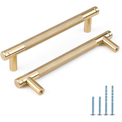 Ndjiloik Pack of 6 Modern Golden Aluminium Cabinet Handles, 160MM, Kitchen, Bedroom, Living Room & Bathroom, Easy Installation, Pull Handle, Round Shape, Screws Attachment
