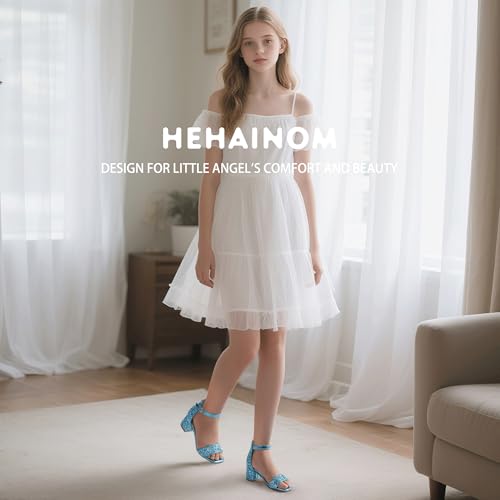 Image of Hehainom Girls Dress Shoes Heels Sandals Little Big Kids Square-Toe Ankle Strap Wedding Party Flower Girls Shoes