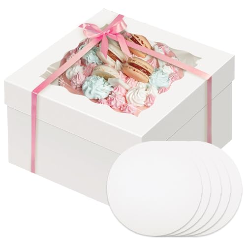 Gcardist Caja para tartas de 30,5 x 30,5 x 20,3 cm, 5 juegos de cajas blancas para tartas con ventana y 5 juegos de 30,5 cm de tablas redondas blancas, soporte para tartas de 30,5 cm