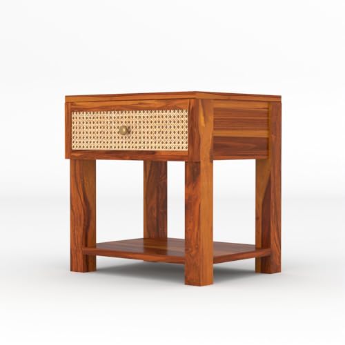 Image of Solid Sheesham Wood Bedside Table with Cane Rattan Drawer & Open Storage Shelf | Wooden Nightstand for Bedroom, Living Room & Guest Room (Honey Finish)