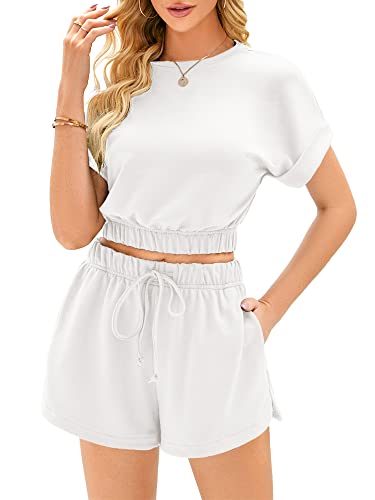 Innie Solly Womens 2 Piece Outfits Sweatsuit Short Sleeve Crew Neck Top Drawstring Shorts Soft Pajama Sets with Pockets White