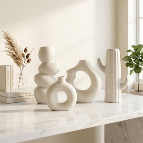 Image of Modern Ceramic Vase Set of 4 | Nordic Minimalist Donut, Bubble & Cactus Design Decorative Flower Vases | Matte White Home Decor for Living Room, Center Table, Shelf & Office