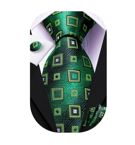 Image of Dubulle Mens Green Checks Floral Silk Tie for Men Striped Necktie and Pocket Square Cufflinks Set Wedding Business