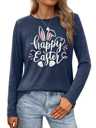 Women Easter Day Shirts: Bunny Printed Long Sleeve Pullover Cute Rabbit Shirt Tops Happy Easter Casual Spring Tops