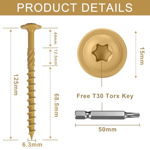 FandWay 50 Pcs Timber Screws,6.3x125mm Heavy Duty Structural Wood Screws,Torx Wafer Head Fixing Deck Screw,Rust Epoxy Coated With T30 Star Bits for Outdoor Log Landscape Frame Construction (Yellow). 3 FandWay 50 Pcs Timber Screws,6.3x125mm Heavy Duty Structural Wood Screws,Torx Wafer Head Fixing Deck Screw,Rust Epoxy Coated With T30 Star Bits for Outdoor Log Landscape Frame Construction (Yellow). - Image 3