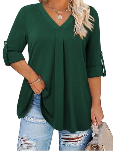 Plus Size Tops for Women V Neck Blouse Pleated Front Loose Fitting Tunic Top Dressy Casual Fall Clothes 2025
