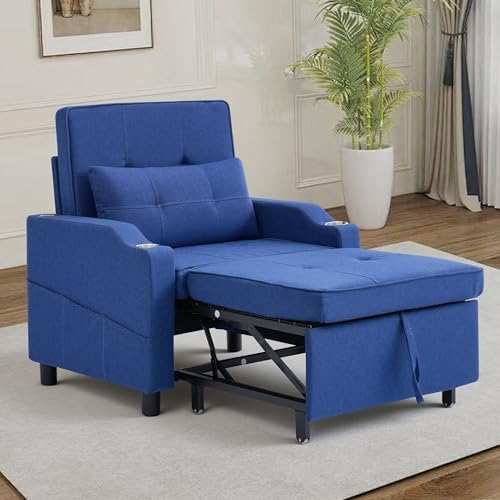 Image of Sleeper Chair 5-in-1 Convertible Chair Bed Pull Out Adjustable Single Armchair Sofa Bed with USB Ports,Side Pocket,Cup Holder (Blue)