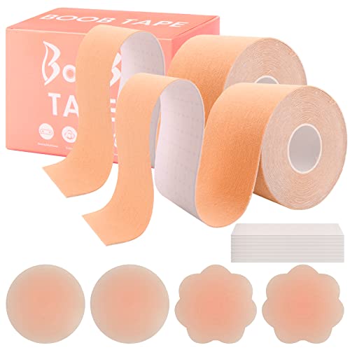 Boob Tape, 26pcs Sujetador Adhesivo Push Up, Pezoneras Adhesivas Invisibles con 2 Pares de Cubiertas Transpirables Para Tit Tape, 2 Boob Tape, Pezoneras Mujer, Pezoneras de Cinta (5 cm x 5 m)
