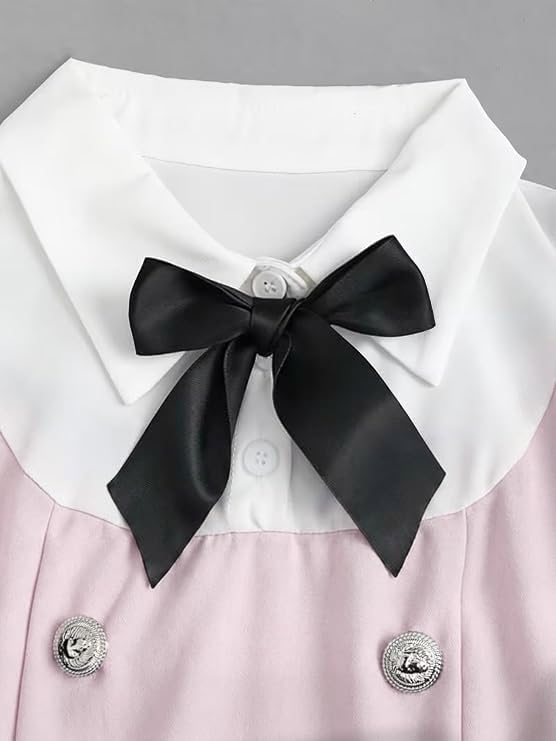 Image of Women Short Dresses 2 In 1 Colorblock Turndown Collar Lantern Sleeve Black Suit Cute Dress