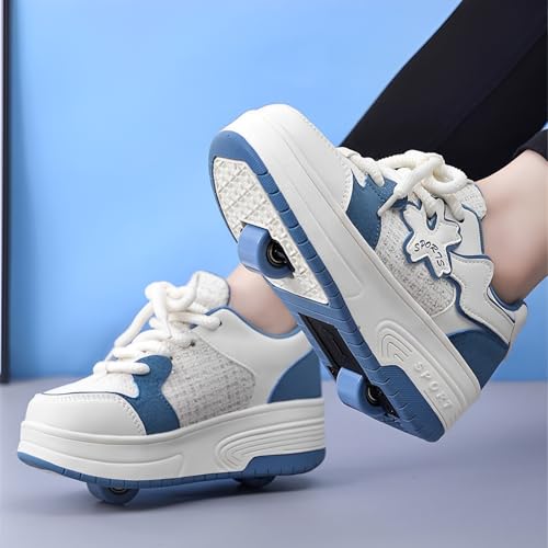 Surwin Kids Roller Skate Shoes for Girl Boy, Classic Lace-up Trainer Roller Skates Adult Teenager Fashion Unisex with Retractable Rear Wheels, Lightweight Outdoor Running Sneakers (Blue,4)