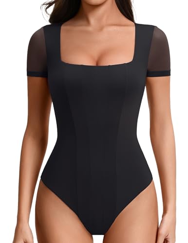Body de manga corta Avidlove con cuello cuadrado y doble forro de malla para mujer