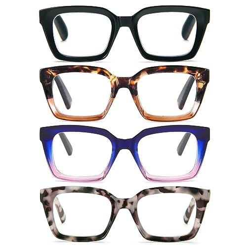 MMOWW 4-Pack Oversized Reading Glasses for Women - Anti Blue Light Glasses with Square Frame +1.0