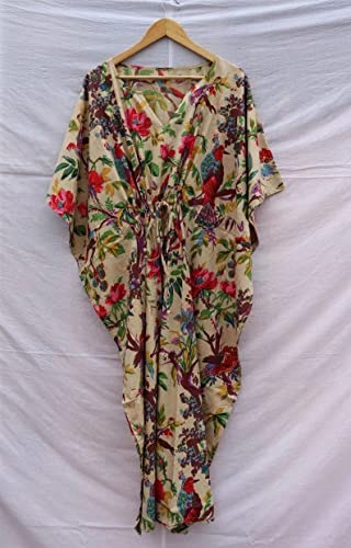 INDACORIFY 100% Cotton Kaftan Dress, Floral Printed Women Dressmaking, Handmade Indian Long Kaftan Suit, Beautiful Beach2