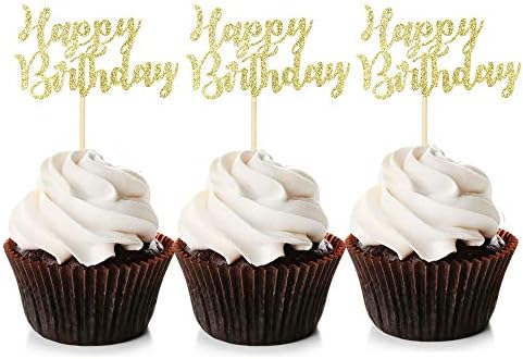 Blumomon 24Pcs Happy Birthday Cupcake Toppers Gold Glitter Celebrating Birthday Cake Picks Baby Shower Kids Birthday Party Decoration Supplies