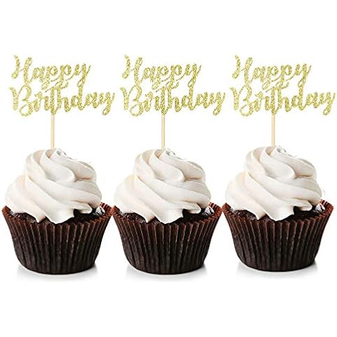 Blumomon 24Pcs Happy Birthday Cupcake Toppers Gold Glitter Celebrating Birthday Cake Picks Baby Shower Kids Birthday Party Decoration Supplies Cover