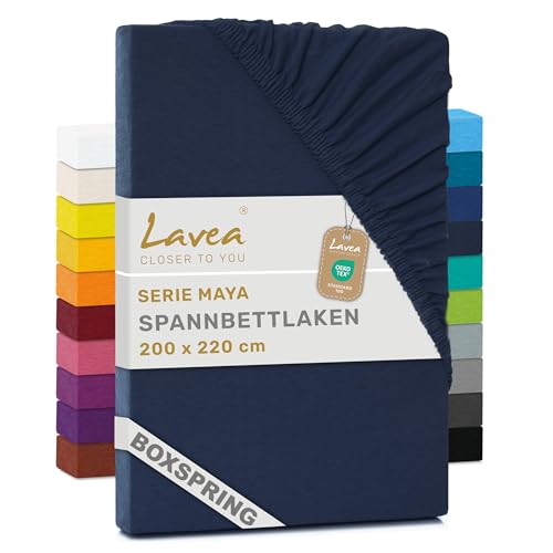 Lavea® Spannbettlaken 200 x 220 cm Maya Jersey, Boxspringbetten, Wasserbetten, Bettlaken aus 100% Baumwolle, mit Rundumgummi für Matratzen bis 35 cm, atmungsaktiv, Spannbetttücher, Galaxyblau