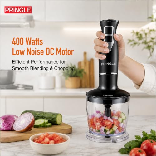 Image of Pringle MasterBlend 2-in-1 Hand Blender & Chopper | 400W Powerful DC Motor | Stainless Steel Rust-Free Detachable Arm | 2-Speed | PentaFlow Tech | Click-Fit Lock | 1-Yr Warranty | Silver & Black