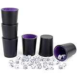 RERIVER Felt-Lined PU Leather Dice Cup Set, 6 Quiet Dice Shaker Cups with 36 Dices for Bar Party Yahtzee Farkle Dice Games, Purple