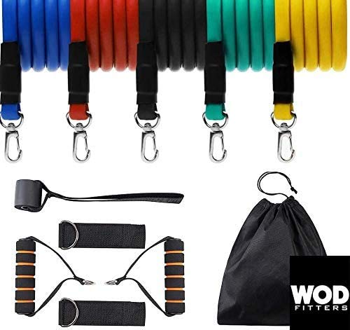 WODFitters Resistance Bands with Handle - 11 Pcs Portable Home Gym in a Bag - 5 Resistance Bands with Soft Grip Handles and Durable Clipping System, Door Anchor, Wrist and Ankle Straps