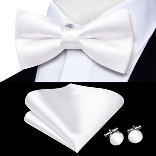 Image of Hi-Tie 5Pcs Mens Solid Color Silk Tie Satin Pretied Bowtie Lapel Pin for Men Handkerchief Cufflink Wedding Gift Box