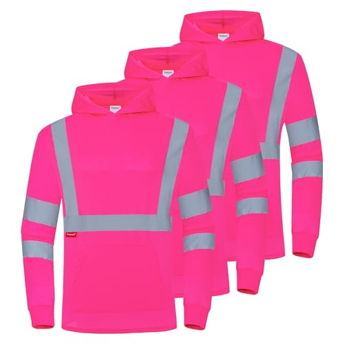 ProtectX 3 Pack Men's Hi Vis Long Reflective Safety Hooded Shirts Pink 4XL