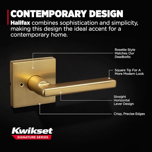 Image of Kwikset Halifax Interior Square Privacy Door Handle with Lock, Door Lever for Bathroom and Bedroom, Satin Brass, Reversible Keyless Push Button Lock Door Lever, 4 Pack