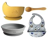 CUENCO de silicona con succión y pared prolongada, que ayudara a tu bebe a colmar la cuchara de sus purés. CUCHARA bebe aprendizaje para fomentar su autonomía a través del baby led weaning. PLATO con ventosa para bebes con succión de base completa. Sistema antivuelco gracias a sus ventosas. BABERO de silicona con diseño infantil y tacto suave, flexible, impermeable, anti manchas y bolsillo recogemigas. ESTUCHE de almacenamiento para transportar o usar como bolsa y llevar a donde quieras.
