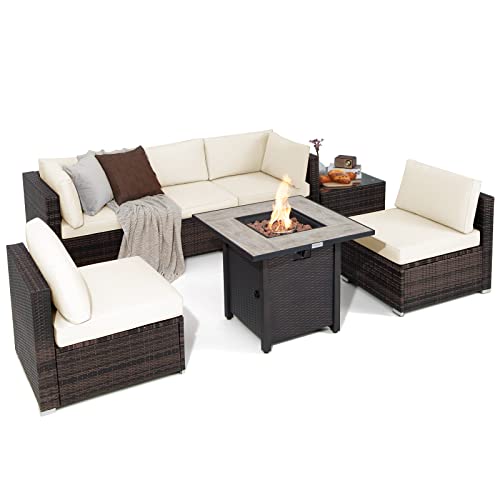 Tangkula 7 Piece Patio Furniture Set with Fire Pit Table, Patiojoy Outdoor PE Wicker Conversation Sectional Sofa Set with 30 Inches 50,000 BTU Propane Fire Pit Table, Waterproof PVC Cover