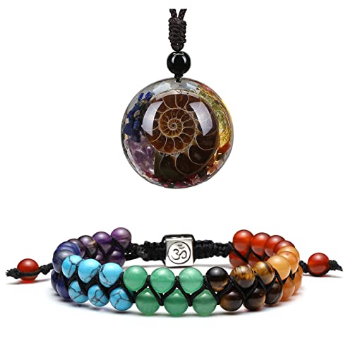 Top Plaza Bundle – 2 Items: 7 Chakra Healing Crystals Bracelet Stone Beads Bracelets & Resin Ammonite Fossil Spiral Necklace #TOP7