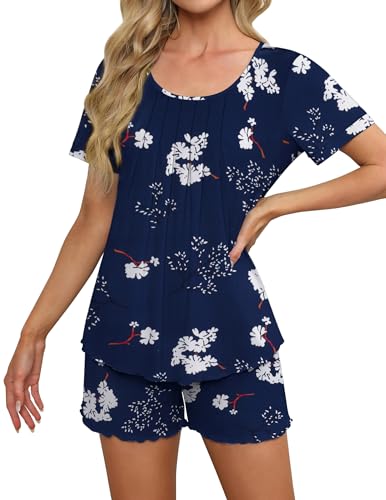 Ekouaer Pyjama Damen Kurz Schlafanzug Damen Sommer Set Kurzarm Shorts Nachtwäsche Loungewear, Blau und Blumen, XL