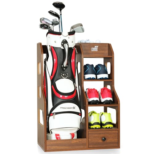 Mythinglogic Wooden Golf Bag Storage Rack for 1 Full-Size Bag with Drawer | Holds full-size Golf Bag with Drawer and Ball Holder, Furniture-Style MDF Storage for Home, Office,Garage or Simulator Rooms