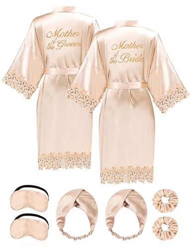 EPLAZA 2 Pcs Bride Robe for Mother of the Bride Groom with Lace Trim Satin Robe for Wedding Day Getting Ready Bridal Shower