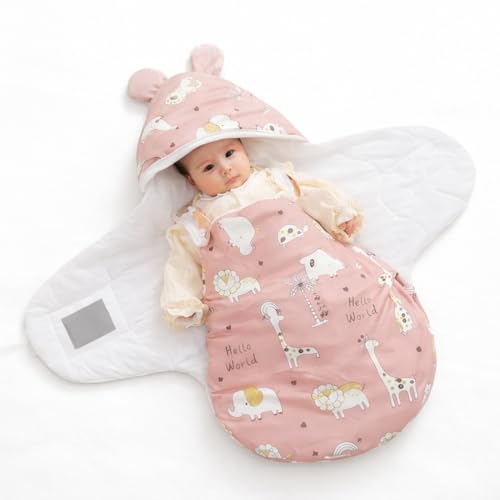 Image of VoiDrop Baby Swaddle Wrap for Newborn 0 to 9 Months, Baby Sleeping Bag for new Born with Hood, Cotton Swaddle for All Season (Animal Print-Pink)