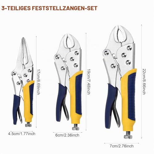 TMZDCJK 3 teiliges Gripzangen Feststellzangen Set, 22 cm und 19cm gebogene Backen, 17 cm lange Nase gebogene Backen Schraubstock Griffzangen Set, V-Spannzange, Blau/Gelb