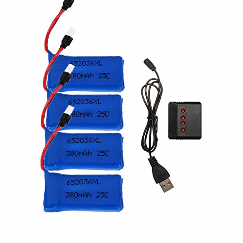 ELEGIANT 4 pcs Mejorado 25C 3.7V 380mAh Bateria Drone con 1pc Cargador para HUBSAN X4 H107 H107L H107C H107D V252 JXD 385 RC Quadcopter