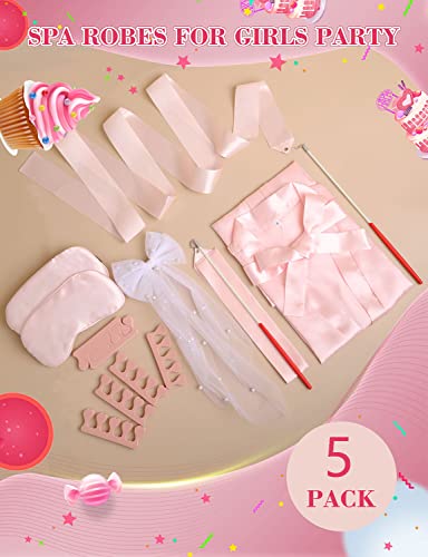 Ivrriss 25 Pcs Girl Spa Party Supplies 5 Robes 5 Blindfold 5 Toe Separators 5 Ribbon 5 Bow Veil Tiara Set Flower Robes Diy Birthday Party Bathrobe(Pink,10) #TOP5