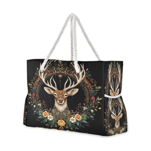 Large Beach Bags Totes Canvas Tote Shoulder Bag Milu Deer Water Resistant Bags for Gym Travel Daily