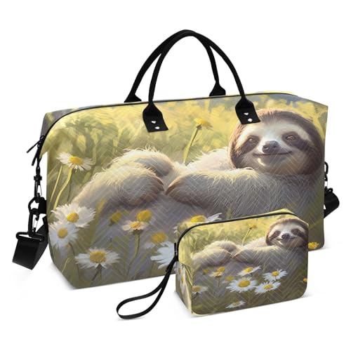 Large Travel Duffel Bag, Cute Sloth Daisy Field Sports Tote Gym Bag, Shoulder Weekender Overnight Bag for Women Men, Carry On Luggage with Toiletry Bags